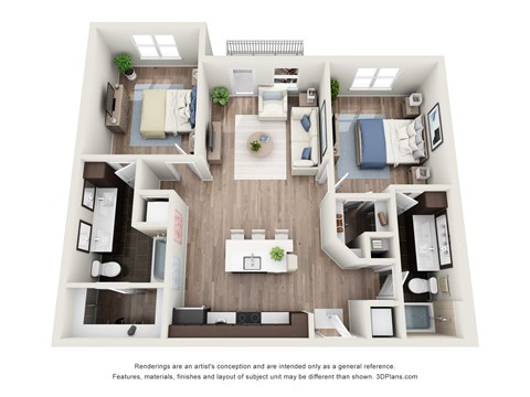 Floor plan for 2 beds, 2 baths, 1103 sqft